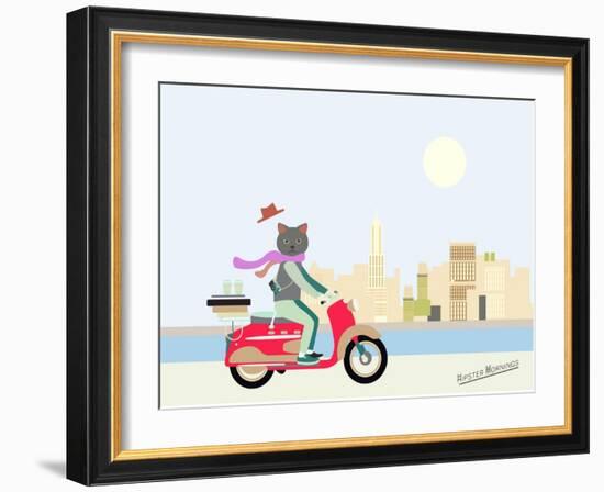 Fashionable Hipster Cat On A Vintage Scooter In A City- Illustration-run4it-Framed Art Print