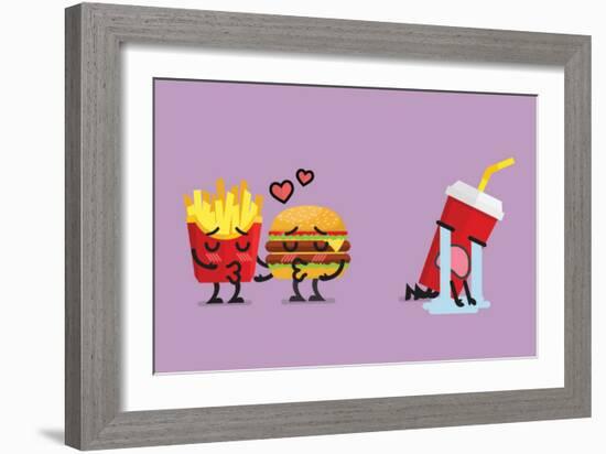 Fast Food Fall in Love Kissing with Heartbroken Soft Drink Character. Funny Character-Sira Anamwong-Framed Art Print