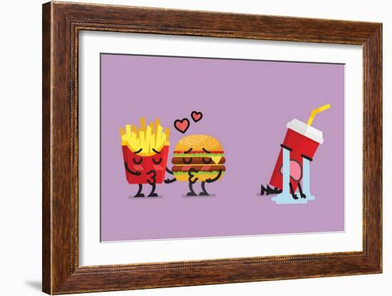 Fast Food Fall in Love Kissing with Heartbroken Soft Drink Character. Funny Character-Sira Anamwong-Framed Art Print