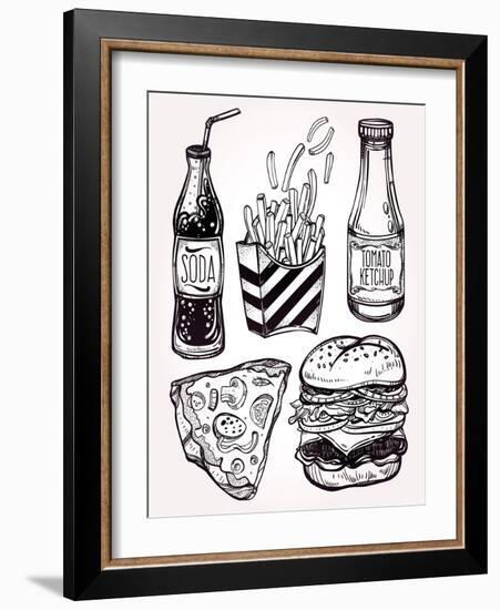 Fast Food Set Vintage Linear Style.-Katja Gerasimova-Framed Art Print