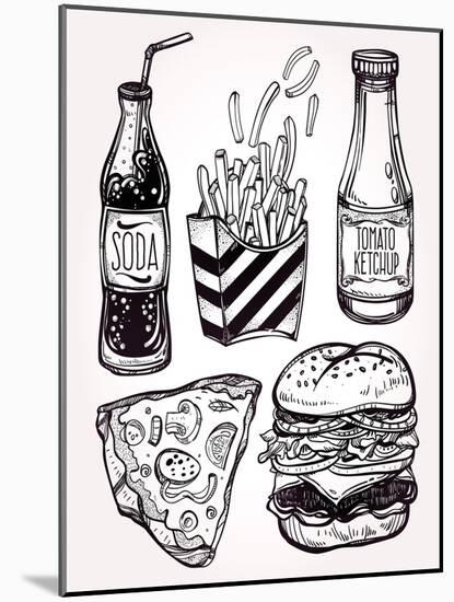 Fast Food Set Vintage Linear Style.-Katja Gerasimova-Mounted Art Print