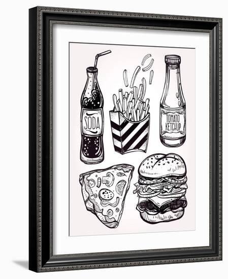 Fast Food Set Vintage Linear Style.-Katja Gerasimova-Framed Art Print