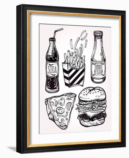 Fast Food Set Vintage Linear Style.-Katja Gerasimova-Framed Art Print