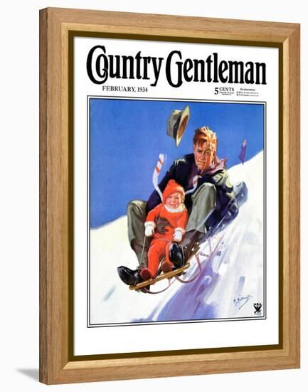 "Father and Child on Sled," Country Gentleman Cover, February 1, 1934-Henry Hintermeister-Framed Premier Image Canvas