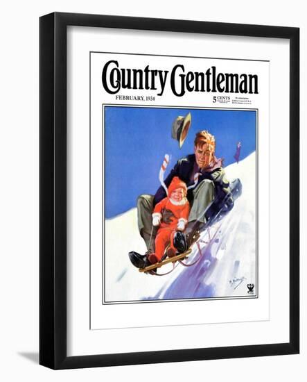 "Father and Child on Sled," Country Gentleman Cover, February 1, 1934-Henry Hintermeister-Framed Giclee Print