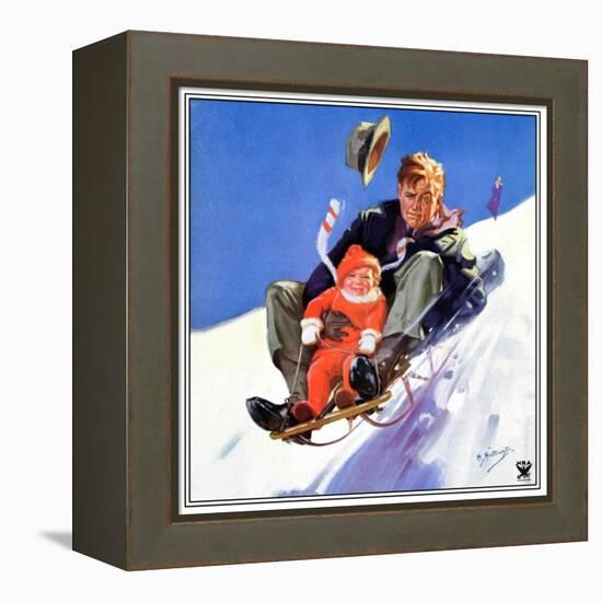 "Father and Child on Sled,"February 1, 1934-Henry Hintermeister-Framed Premier Image Canvas