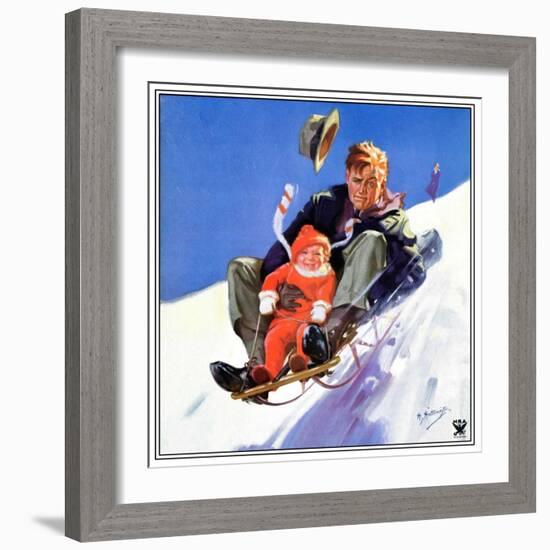 "Father and Child on Sled,"February 1, 1934-Henry Hintermeister-Framed Giclee Print