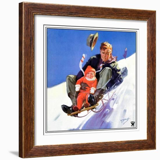 "Father and Child on Sled,"February 1, 1934-Henry Hintermeister-Framed Giclee Print