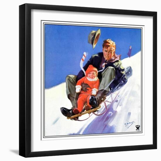 "Father and Child on Sled,"February 1, 1934-Henry Hintermeister-Framed Giclee Print