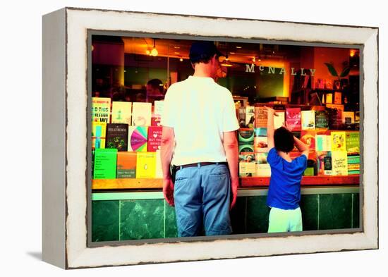 Father and Son Looking at Books Through a Shop Window, New York-Sabine Jacobs-Framed Premier Image Canvas