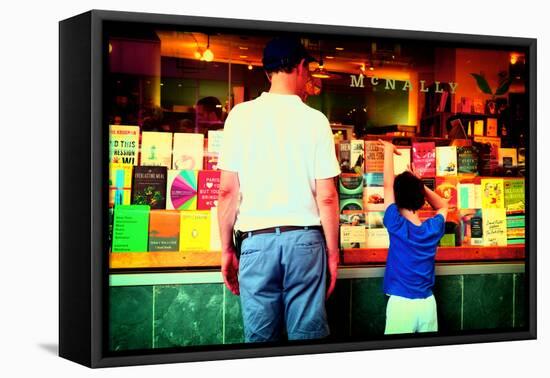 Father and Son Looking at Books Through a Shop Window, New York-Sabine Jacobs-Framed Premier Image Canvas