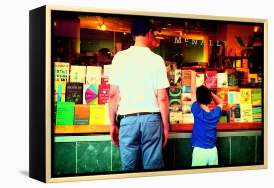 Father and Son Looking at Books Through a Shop Window, New York-Sabine Jacobs-Framed Premier Image Canvas