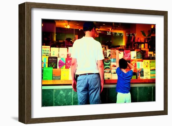 Father and Son Looking at Books Through a Shop Window, New York-Sabine Jacobs-Framed Photographic Print
