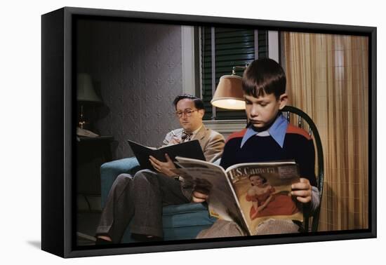 Father and Son Reading at Home-William P. Gottlieb-Framed Premier Image Canvas