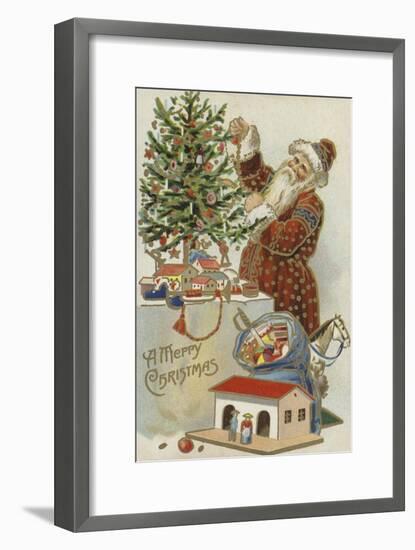 Father Christmas Decorating a Christmas Tree-null-Framed Premium Giclee Print