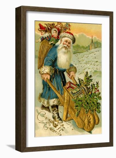 Father Christmas Dressed in Blue Carrying a Basket of Toys, Beatrice Litzinger Collection-null-Framed Art Print