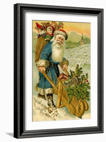 Father Christmas Dressed in Blue Carrying a Basket of Toys, Beatrice Litzinger Collection-null-Framed Art Print