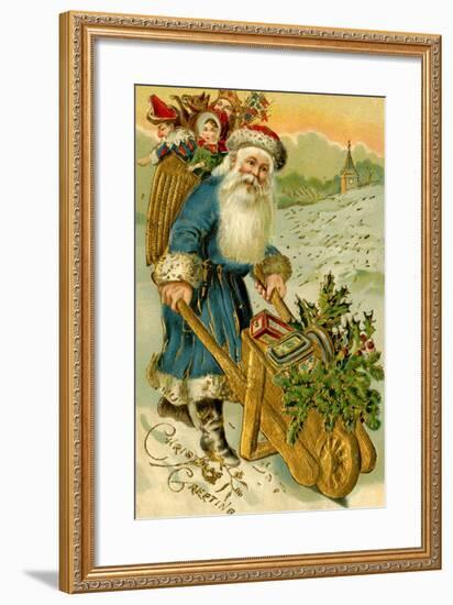 Father Christmas Dressed in Blue Carrying a Basket of Toys, Beatrice Litzinger Collection-null-Framed Art Print