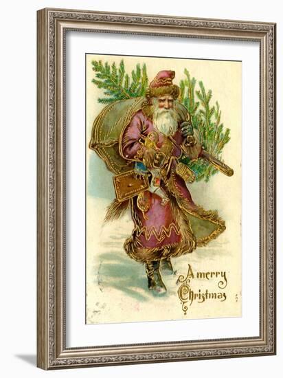 Father Christmas Dressed in Pink Carrying Pack of toys and Pine Tree, Beatrice Litzinger Collection-null-Framed Premium Giclee Print