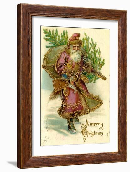 Father Christmas Dressed in Pink Carrying Pack of toys and Pine Tree, Beatrice Litzinger Collection-null-Framed Premium Giclee Print