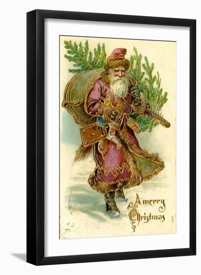 Father Christmas Dressed in Pink Carrying Pack of toys and Pine Tree, Beatrice Litzinger Collection-null-Framed Premium Giclee Print