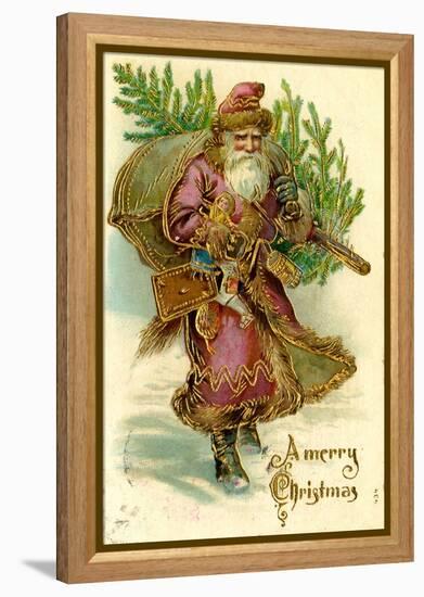 Father Christmas Dressed in Pink Carrying Pack of toys and Pine Tree, Beatrice Litzinger Collection-null-Framed Stretched Canvas