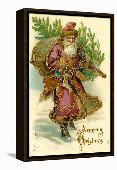 Father Christmas Dressed in Pink Carrying Pack of toys and Pine Tree, Beatrice Litzinger Collection-null-Framed Stretched Canvas