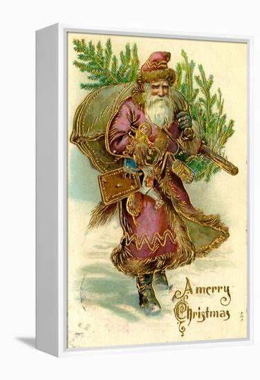 Father Christmas Dressed in Pink Carrying Pack of toys and Pine Tree, Beatrice Litzinger Collection-null-Framed Stretched Canvas