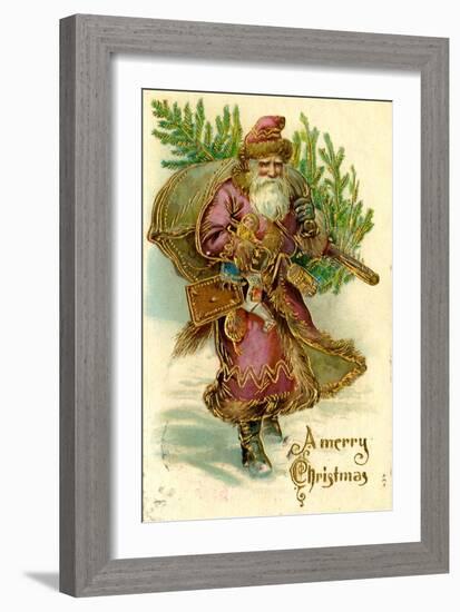 Father Christmas Dressed in Pink Carrying Pack of toys and Pine Tree, Beatrice Litzinger Collection-null-Framed Art Print