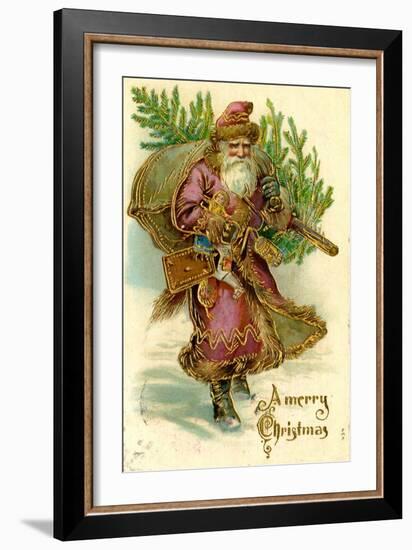 Father Christmas Dressed in Pink Carrying Pack of toys and Pine Tree, Beatrice Litzinger Collection-null-Framed Art Print