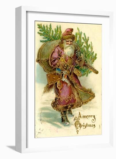 Father Christmas Dressed in Pink Carrying Pack of toys and Pine Tree, Beatrice Litzinger Collection-null-Framed Art Print