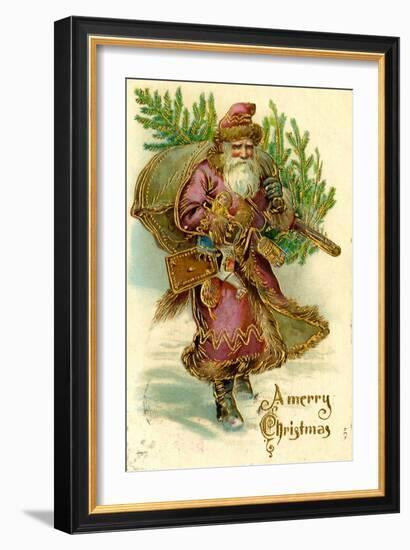 Father Christmas Dressed in Pink Carrying Pack of toys and Pine Tree, Beatrice Litzinger Collection-null-Framed Art Print