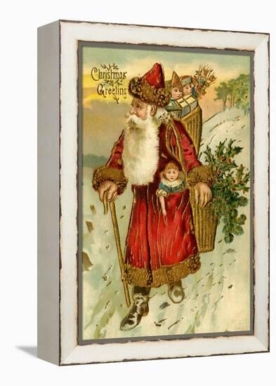 Father Christmas Dressed in Red Walking with a Gold Metallic Cane, Beatrice Litzinger Collection-null-Framed Stretched Canvas