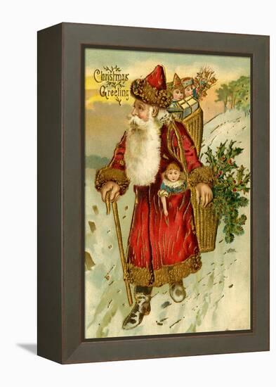 Father Christmas Dressed in Red Walking with a Gold Metallic Cane, Beatrice Litzinger Collection-null-Framed Stretched Canvas