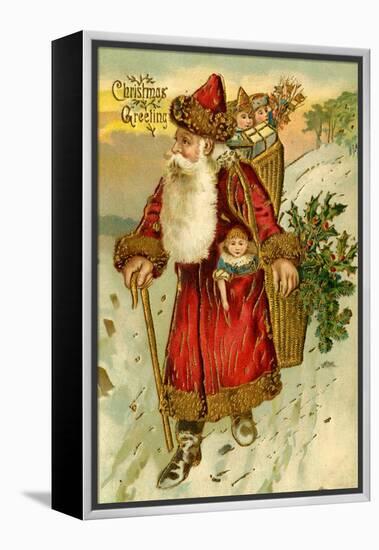 Father Christmas Dressed in Red Walking with a Gold Metallic Cane, Beatrice Litzinger Collection-null-Framed Stretched Canvas