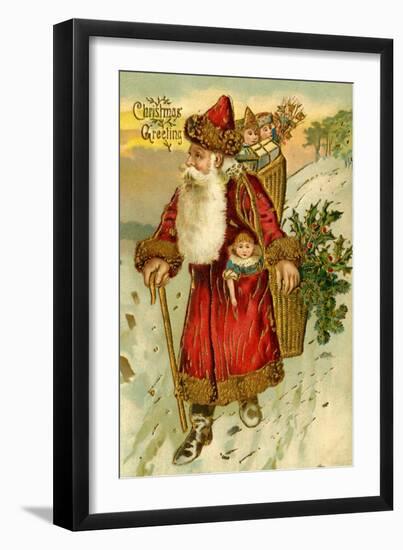 Father Christmas Dressed in Red Walking with a Gold Metallic Cane, Beatrice Litzinger Collection-null-Framed Art Print