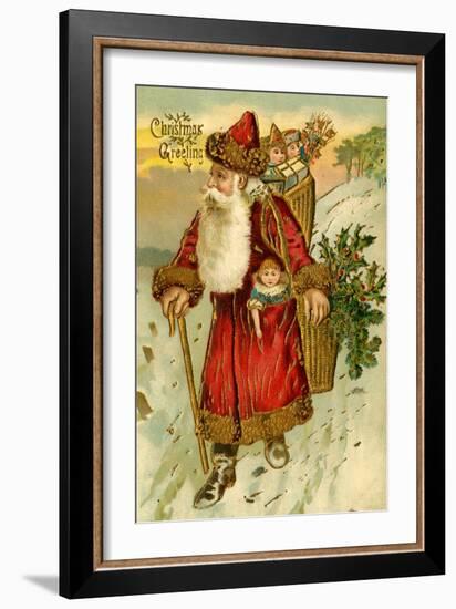 Father Christmas Dressed in Red Walking with a Gold Metallic Cane, Beatrice Litzinger Collection-null-Framed Art Print