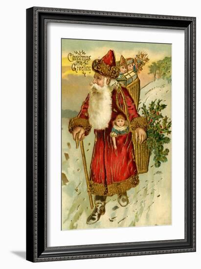 Father Christmas Dressed in Red Walking with a Gold Metallic Cane, Beatrice Litzinger Collection-null-Framed Art Print