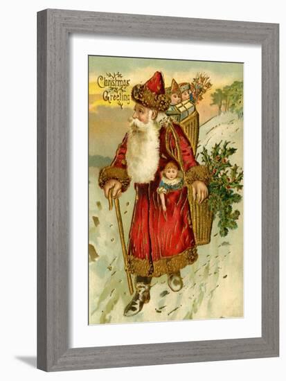 Father Christmas Dressed in Red Walking with a Gold Metallic Cane, Beatrice Litzinger Collection-null-Framed Premium Giclee Print