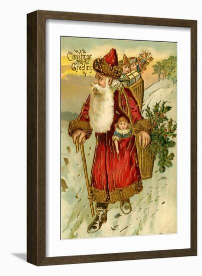 Father Christmas Dressed in Red Walking with a Gold Metallic Cane, Beatrice Litzinger Collection-null-Framed Premium Giclee Print