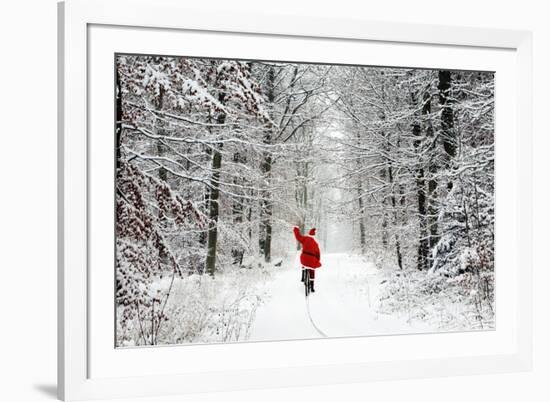 Father Christmas Riding Bicycle Through Beech-null-Framed Photographic Print