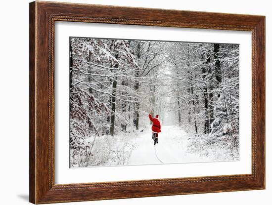 Father Christmas Riding Bicycle Through Beech-null-Framed Photographic Print