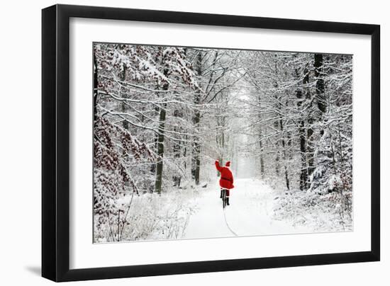 Father Christmas Riding Bicycle Through Beech-null-Framed Photographic Print