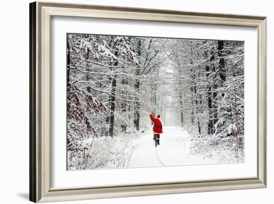 Father Christmas Riding Bicycle Through Beech-null-Framed Photographic Print