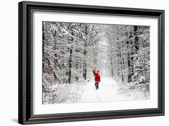 Father Christmas Riding Bicycle Through Beech-null-Framed Photographic Print