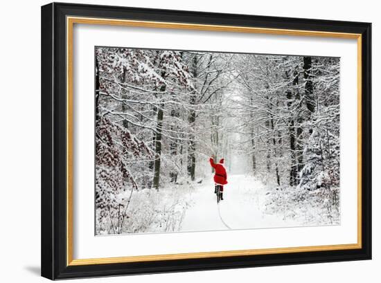 Father Christmas Riding Bicycle Through Beech-null-Framed Photographic Print