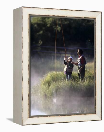 Father Fly Fishing with His Daughter-null-Framed Premier Image Canvas