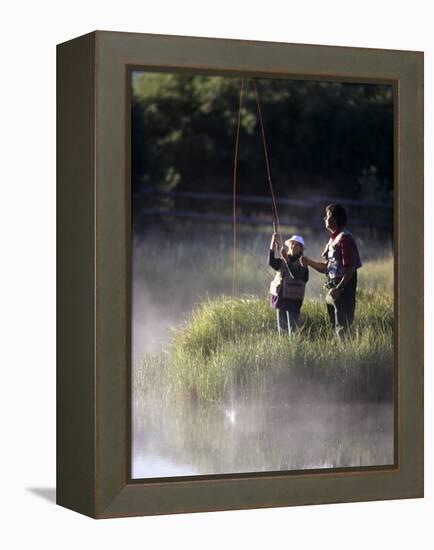 Father Fly Fishing with His Daughter-null-Framed Premier Image Canvas