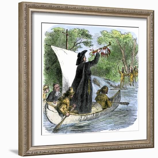 Father Jacques Marquette Holding a Peace Pipe to Greet Native Americans, c.1673-null-Framed Giclee Print