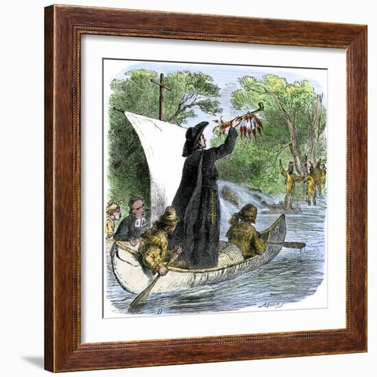 Father Jacques Marquette Holding a Peace Pipe to Greet Native Americans, c.1673-null-Framed Giclee Print